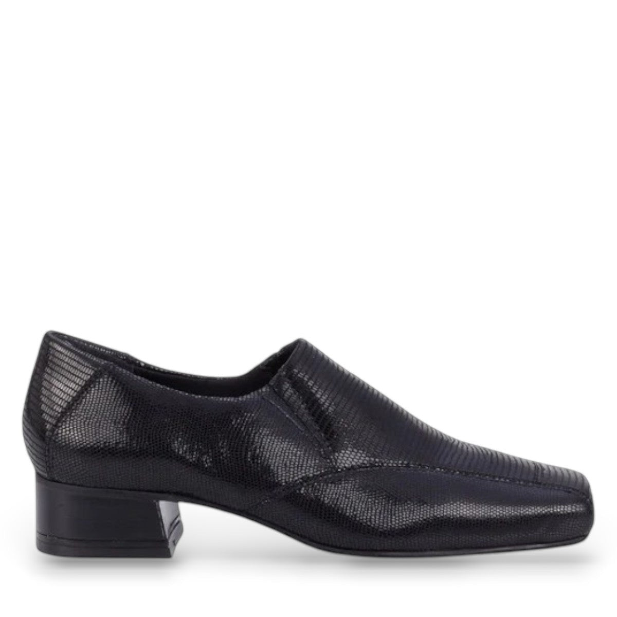 Ros Hommerson Eagan black patent lizard print leather loafer pump with a squared toe and low block heel. photo of the right side