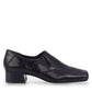 Ros Hommerson Eagan black patent lizard print leather loafer pump with a squared toe and low block heel. photo of the right side