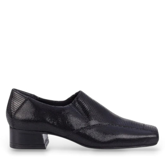 Ros Hommerson Eagan black patent lizard print leather loafer pump with a squared toe and low block heel. photo of the right side