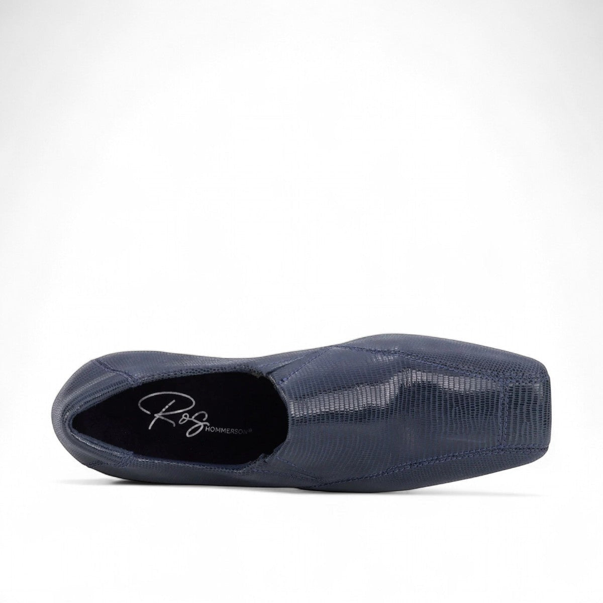 Ros Hommerson Eagan navy patent lizard print leather loafer pump with a squared toe and low block heel.
photo of the top side