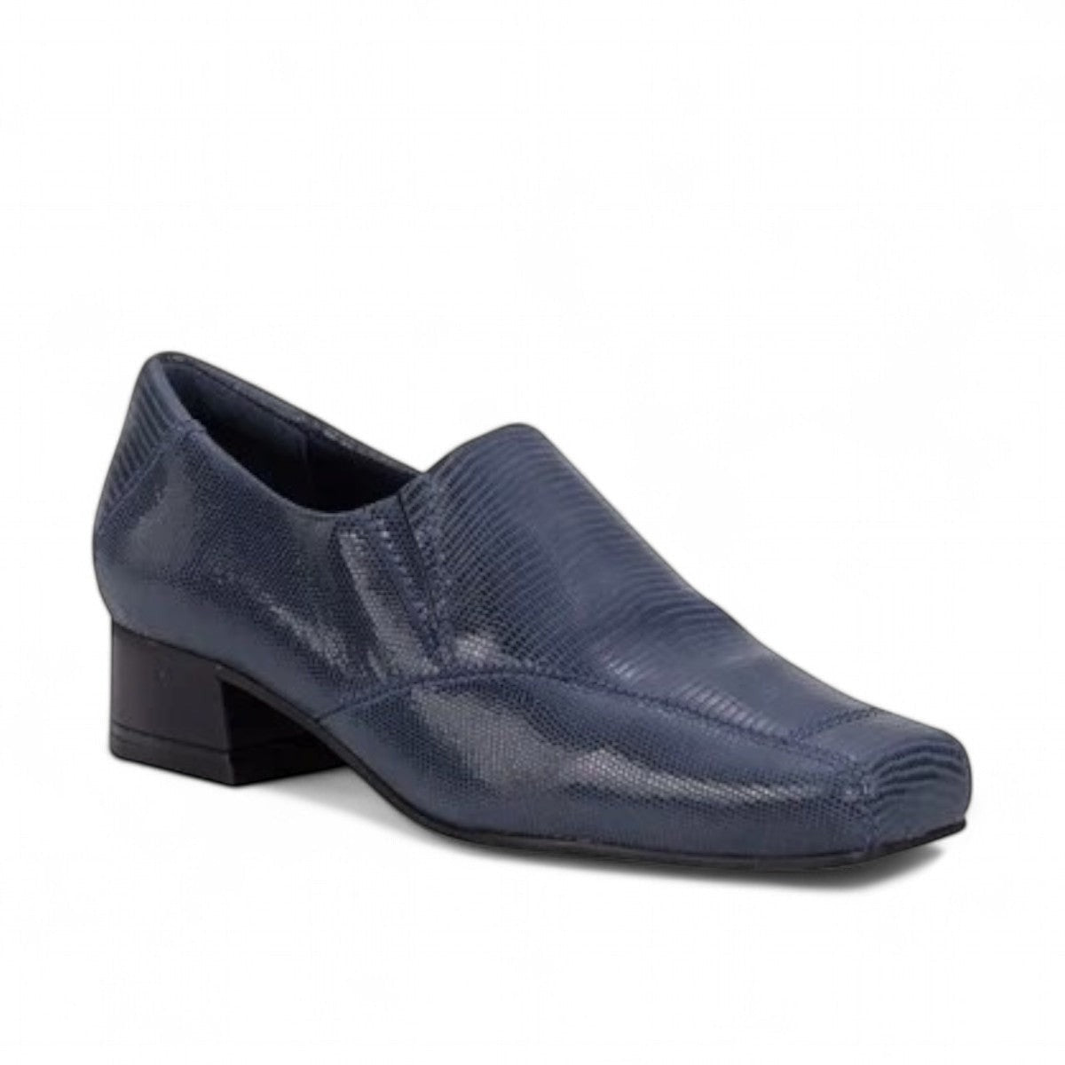 Ros Hommerson Eagan navy patent lizard print leather loafer pump with a squared toe and low block heel.
photo of the front side