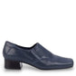 Ros Hommerson Eagan navy patent lizard print leather loafer pump with a squared toe and low block heel.
photo of the right side