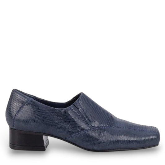 Ros Hommerson Eagan navy patent lizard print leather loafer pump with a squared toe and low block heel.
photo of the right side