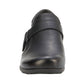 Ros Hommerson Eliot black tumbled leather loafer with adjustable hook and loop strap and low block heel.
photo of the front side