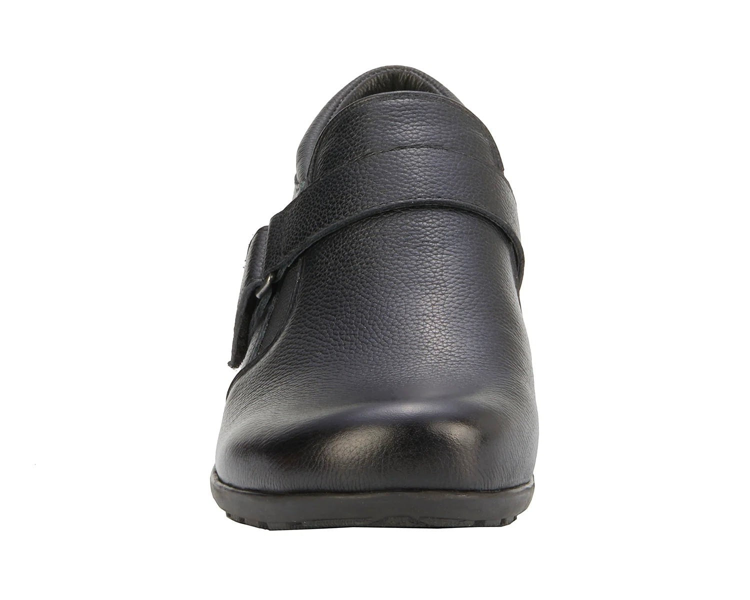 Ros Hommerson Eliot black tumbled leather loafer with adjustable hook and loop strap and low block heel.
photo of the front side