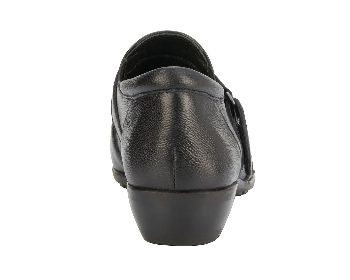 Ros Hommerson Eliot black tumbled leather loafer with adjustable hook and loop strap and low block heel.
photo of the back side