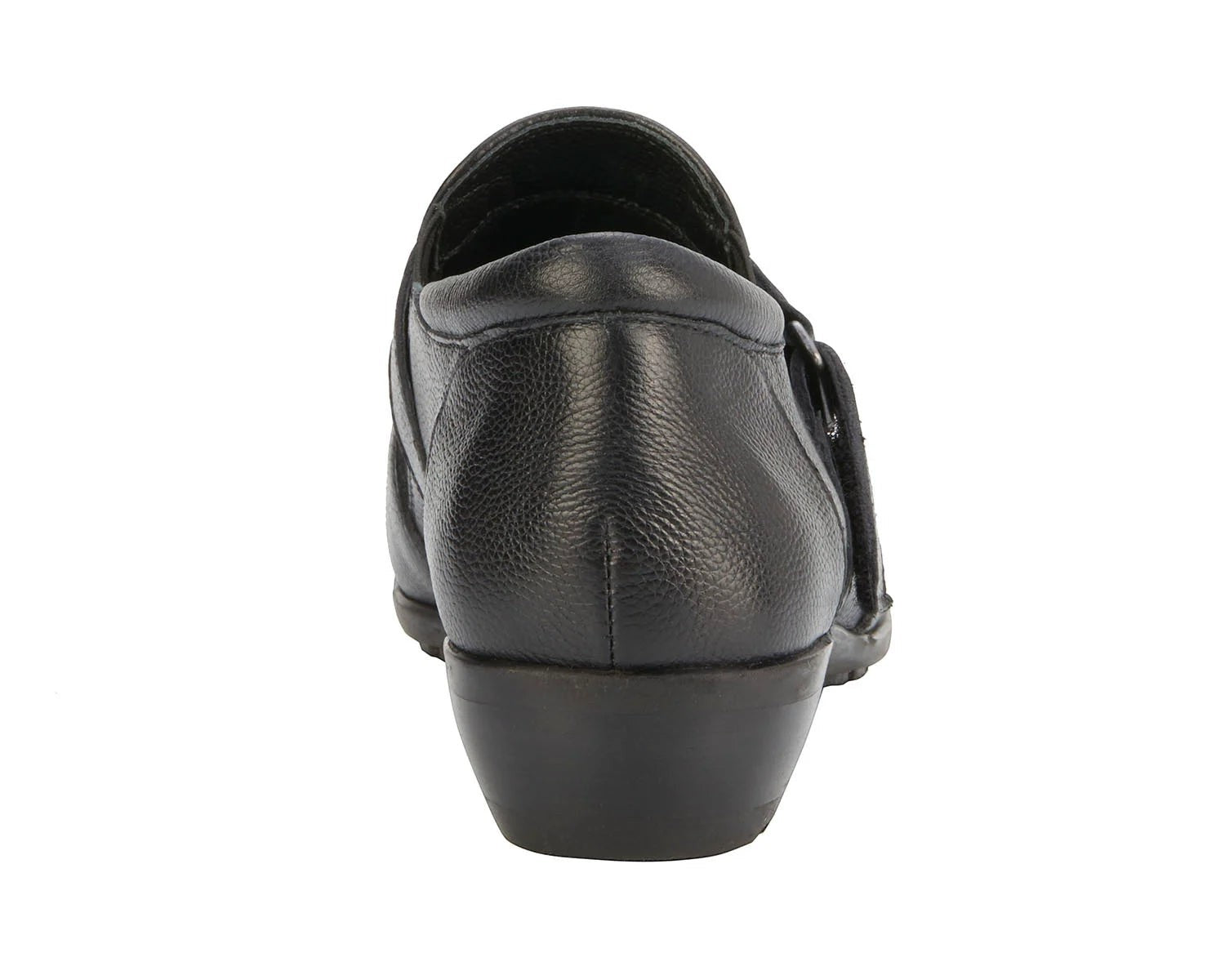 Ros Hommerson Eliot black tumbled leather loafer with adjustable hook and loop strap and low block heel.
photo of the back side