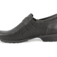 Ros Hommerson Eliot black tumbled leather loafer with adjustable hook and loop strap and low block heel.
photo of the left side