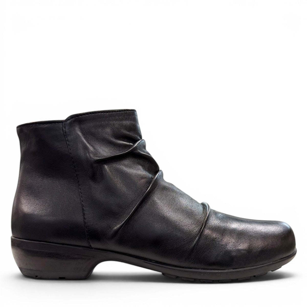 Ros Hommerson Esme black leather ankle bootie with ruched vamp detailing and a low stacked heel.
photo of the right side
