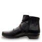 Ros Hommerson Esme black leather ankle bootie with ruched vamp detailing and a low stacked heel.
photo of the left side