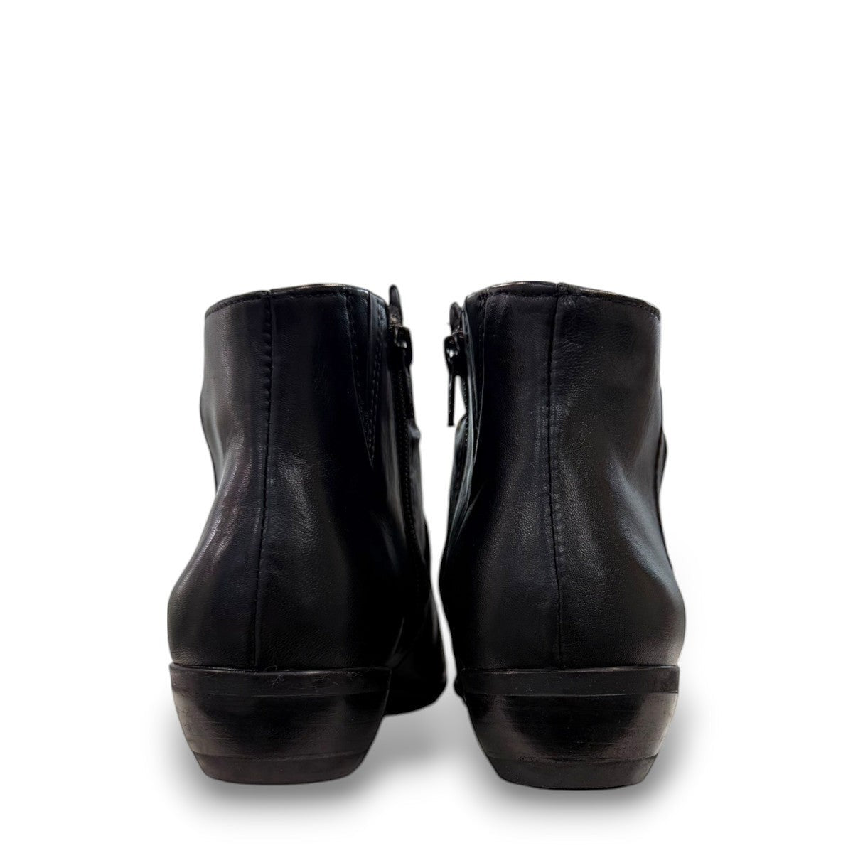 Ros Hommerson Esme black leather ankle bootie with ruched vamp detailing and a low stacked heel.
photo of the back side
