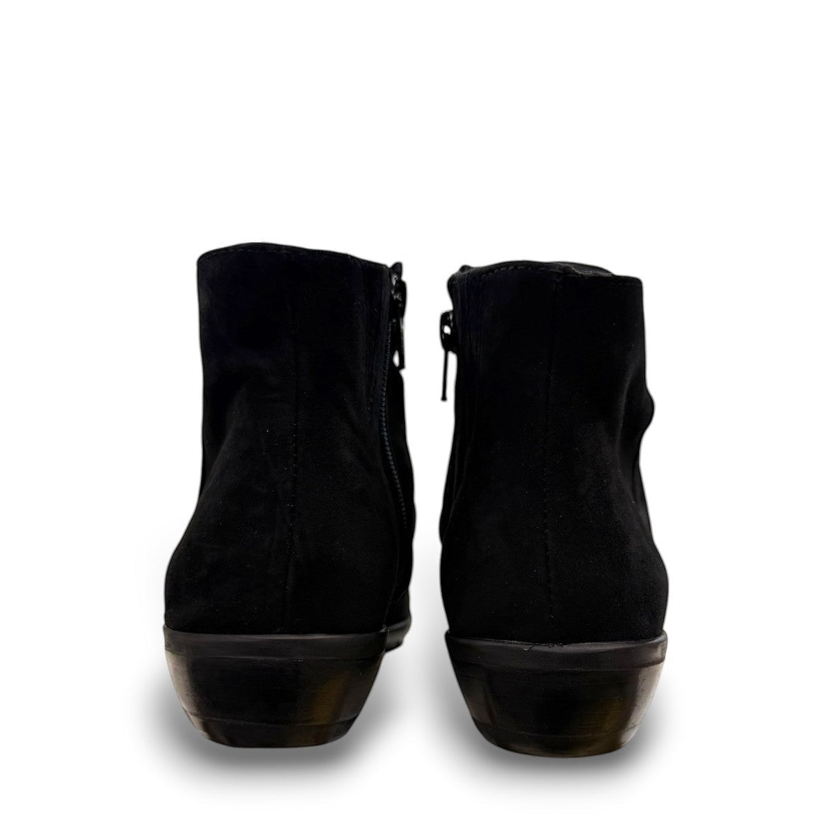 Ros Hommerson Esme black suede ankle bootie with ruched vamp .
photo of the back side