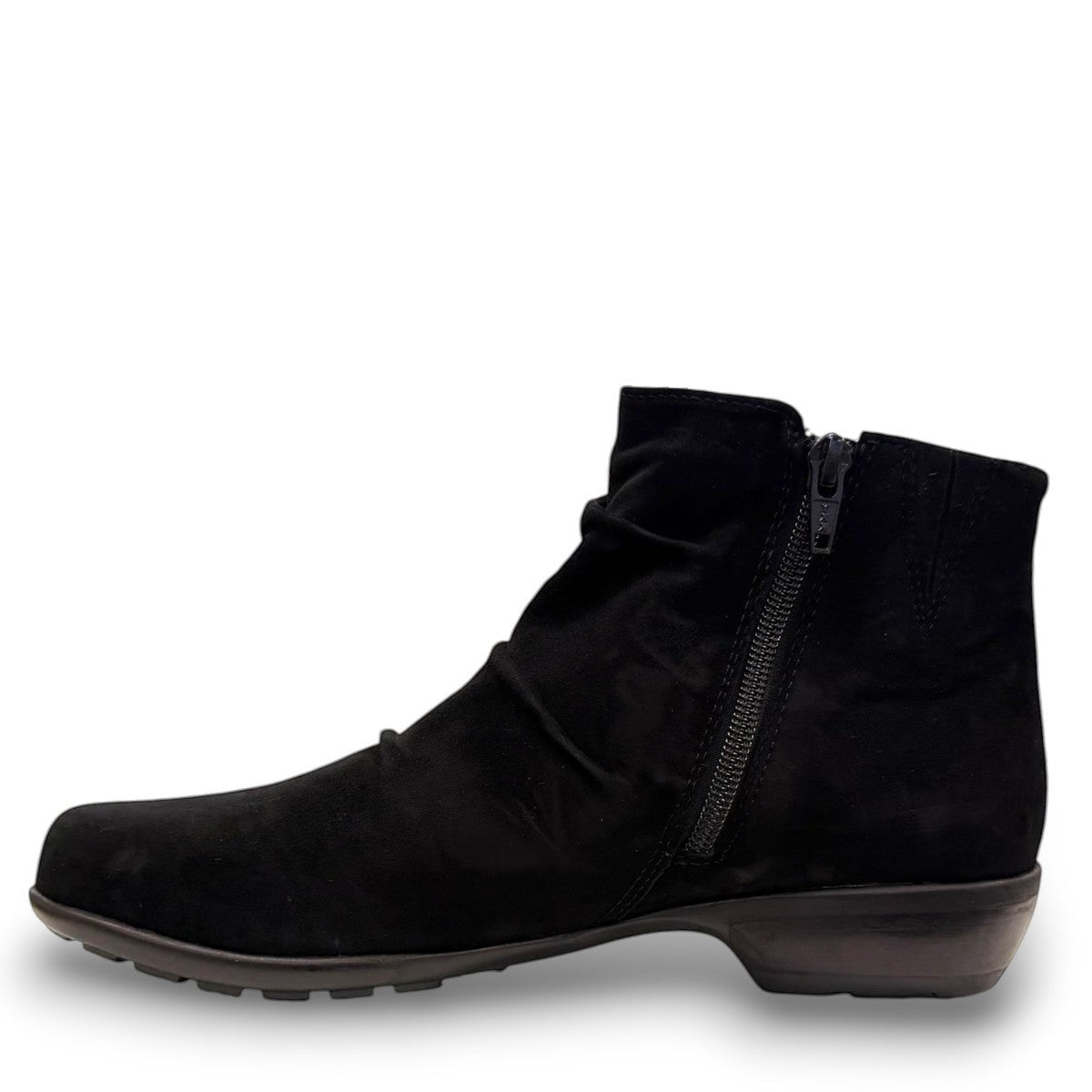 Ros Hommerson Esme black suede ankle bootie with ruched vamp .
photo of the left side