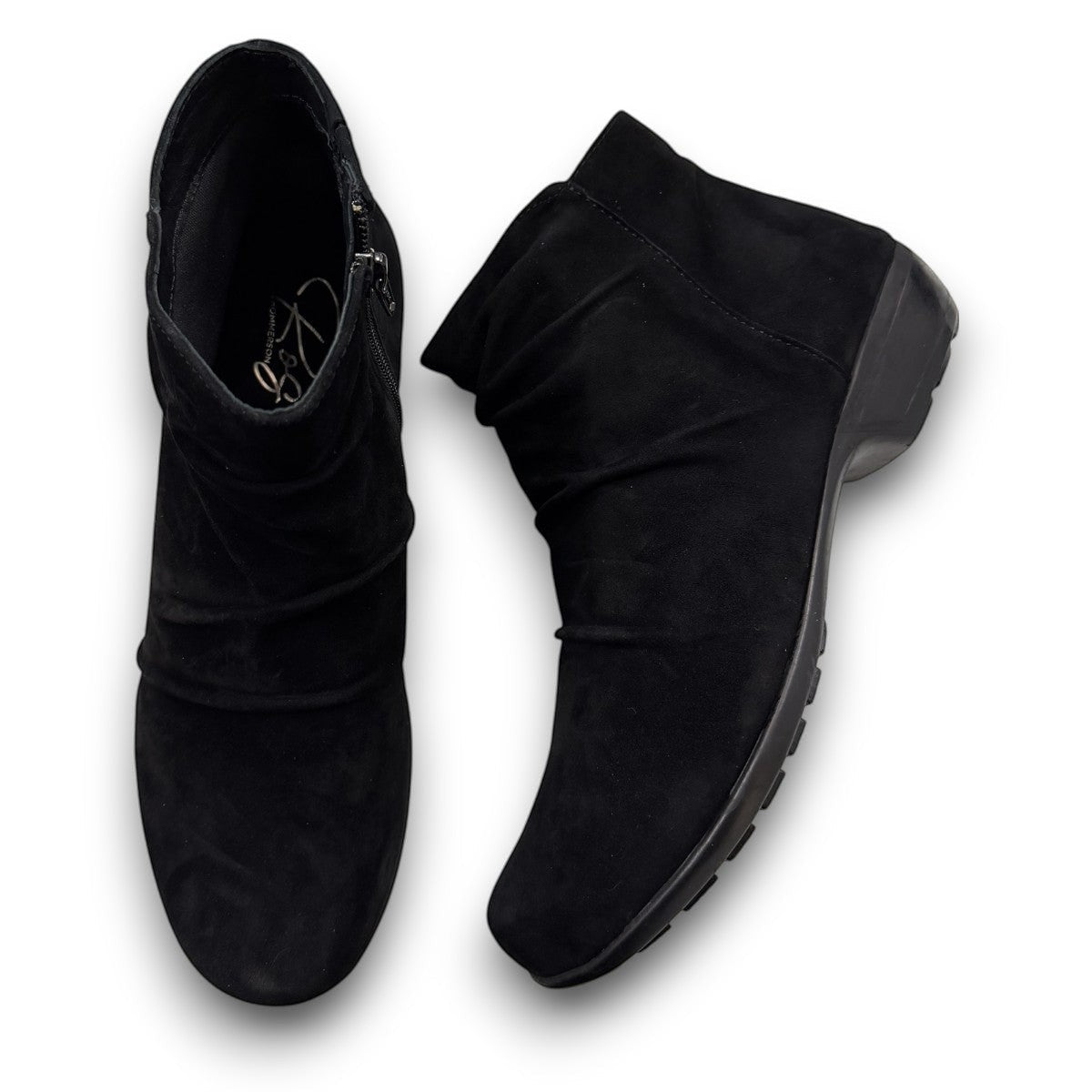 Ros Hommerson Esme black suede ankle bootie with ruched vamp .
photo of the top side