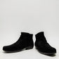 Ros Hommerson Esme black suede ankle bootie with ruched vamp .
photo of the front side
