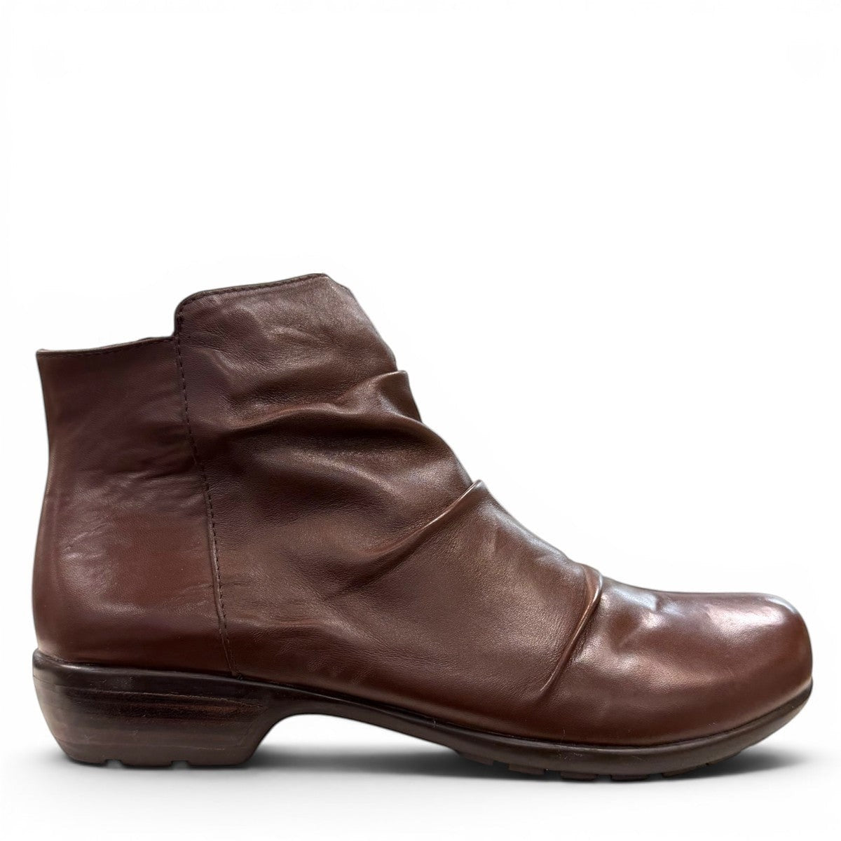 Ros Hommerson Esme brown leather ankle bootie with ruched vamp detailing and a low stacked heel.
photo of the right side