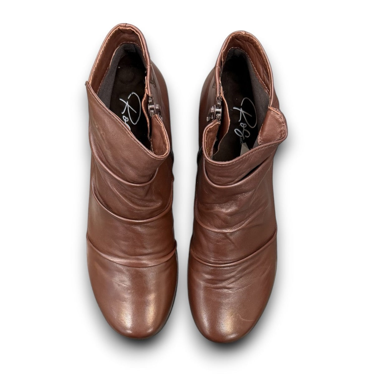 Ros Hommerson Esme brown leather ankle bootie with ruched vamp detailing and a low stacked heel.
photo of the top side