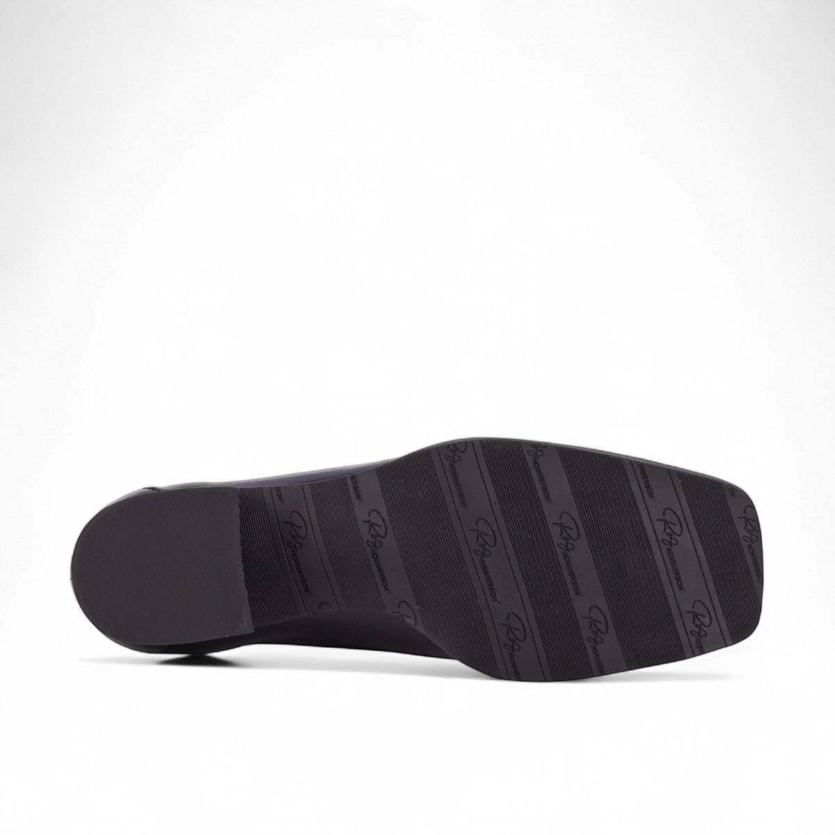 Ros Hommerson Esther black stretch suede shoe with a squared toe and low block heel.
photo of the bottom side
