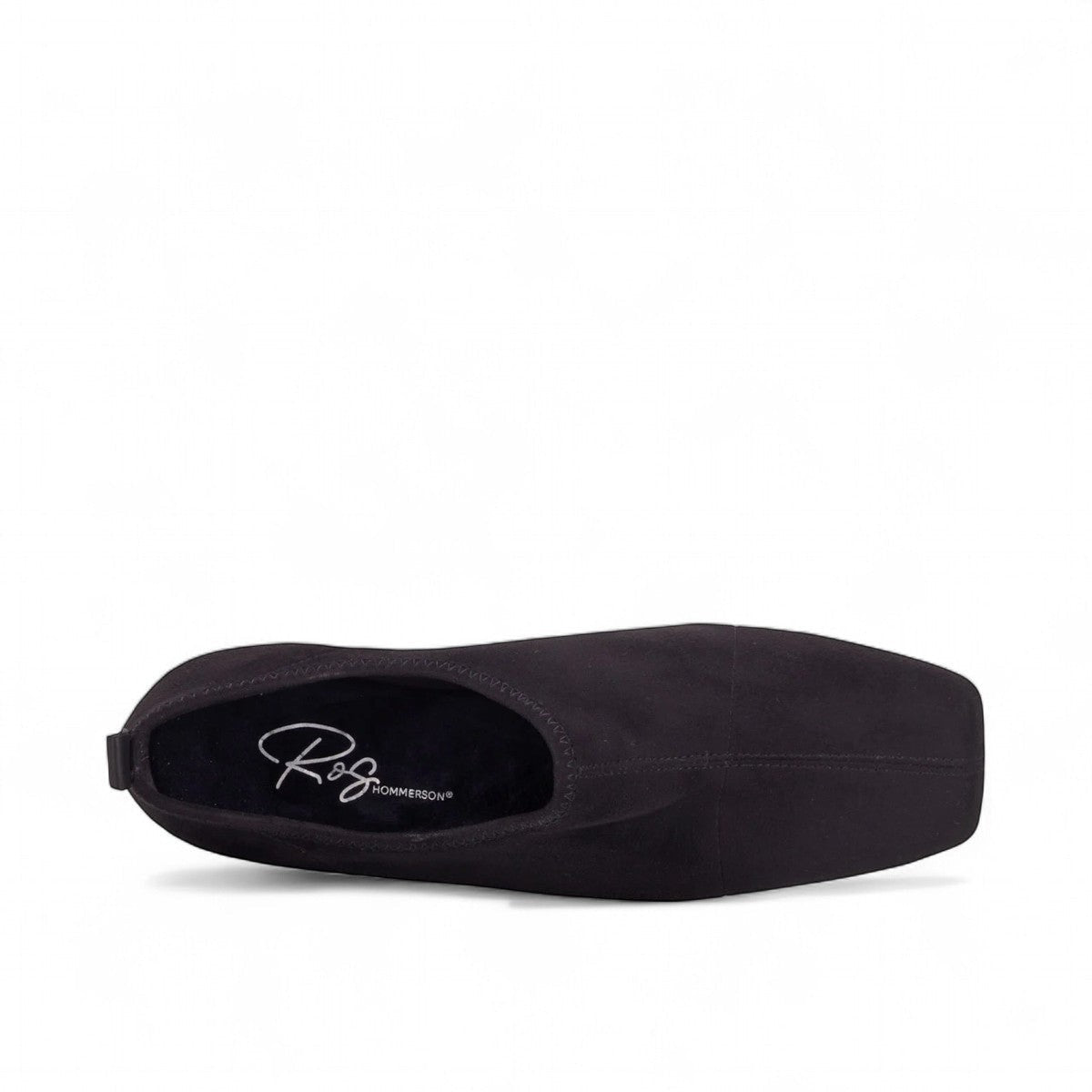 Ros Hommerson Esther black stretch suede shoe with a squared toe and low block heel.
photo of the top side