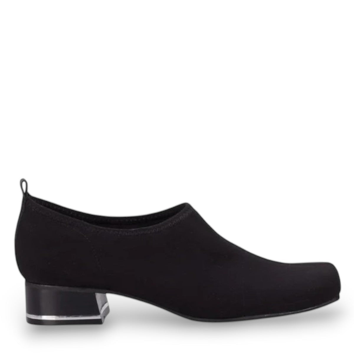 Ros Hommerson Esther black stretch suede shoe with a squared toe and low block heel.
photo of the right side