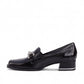 Ros Hommerson Evie black shiny tumbled leather loafer with square toe, chain detail, and block heel.
photo of the