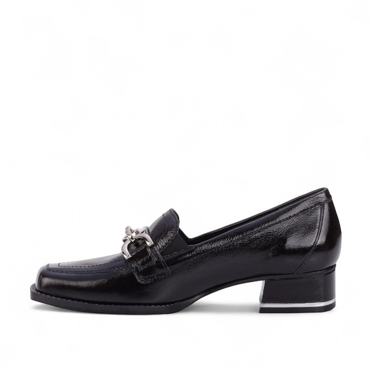 Ros Hommerson Evie black shiny tumbled leather loafer with square toe, chain detail, and block heel.
photo of the