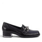 Ros Hommerson Evie black shiny tumbled leather loafer with square toe, chain detail, and block heel.
photo of the right side