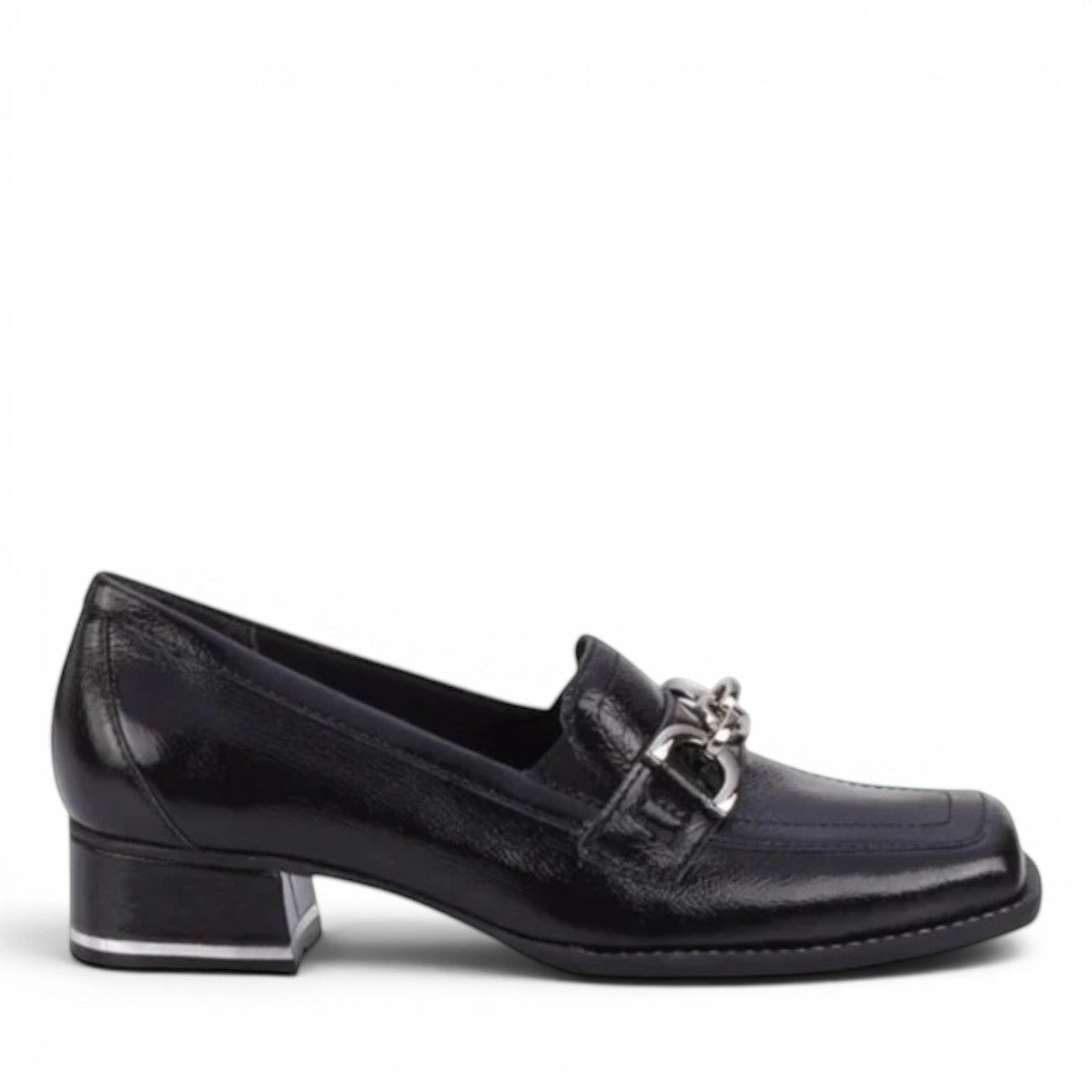 Ros Hommerson Evie black shiny tumbled leather loafer with square toe, chain detail, and block heel.
photo of the right side