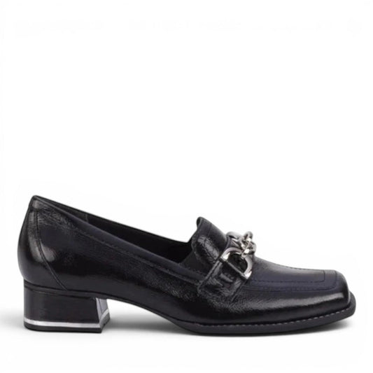 Ros Hommerson Evie black shiny tumbled leather loafer with square toe, chain detail, and block heel.
photo of the right side