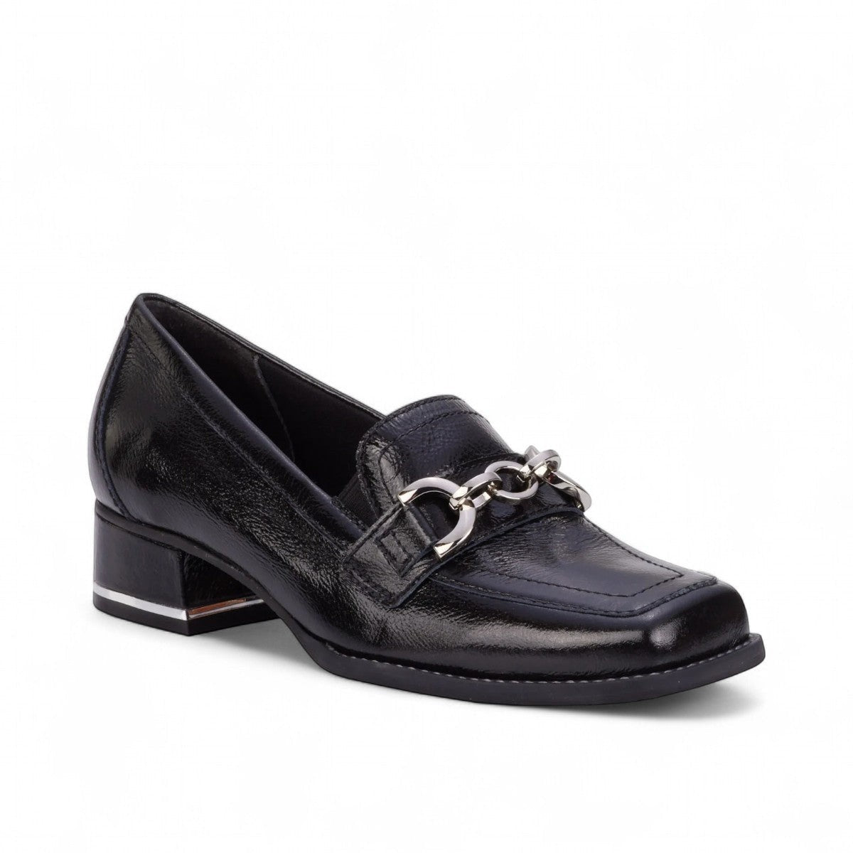 Ros Hommerson Evie black shiny tumbled leather loafer with square toe, chain detail, and block heel.
photo of the front side