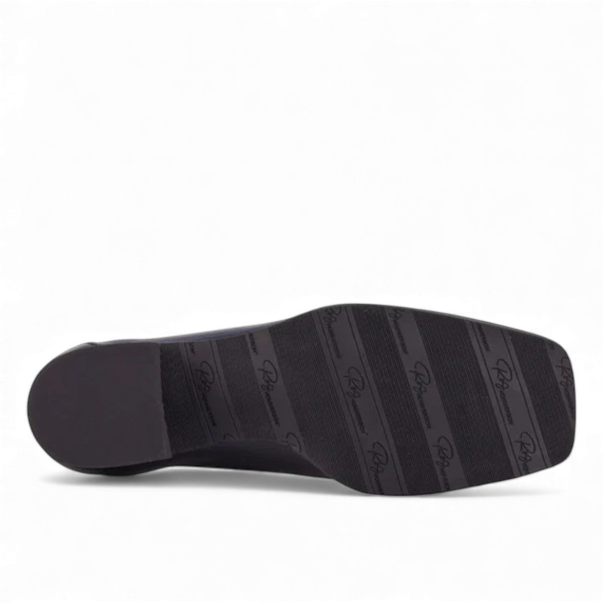 Ros Hommerson Evie black shiny tumbled leather loafer with square toe, chain detail, and block heel.
photo of the bottom side
