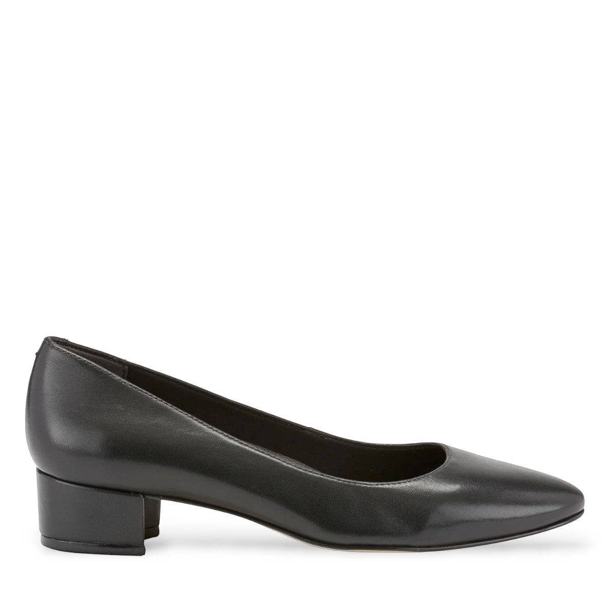 Ros Hommerson Heidi II black leather pump with an almond toe and comfortable crescent heel.
photo of the right side