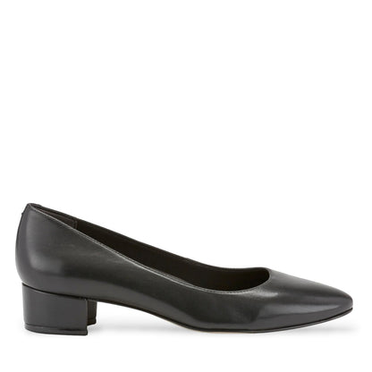 Ros Hommerson Heidi II black leather pump with an almond toe and comfortable crescent heel.
photo of the right side