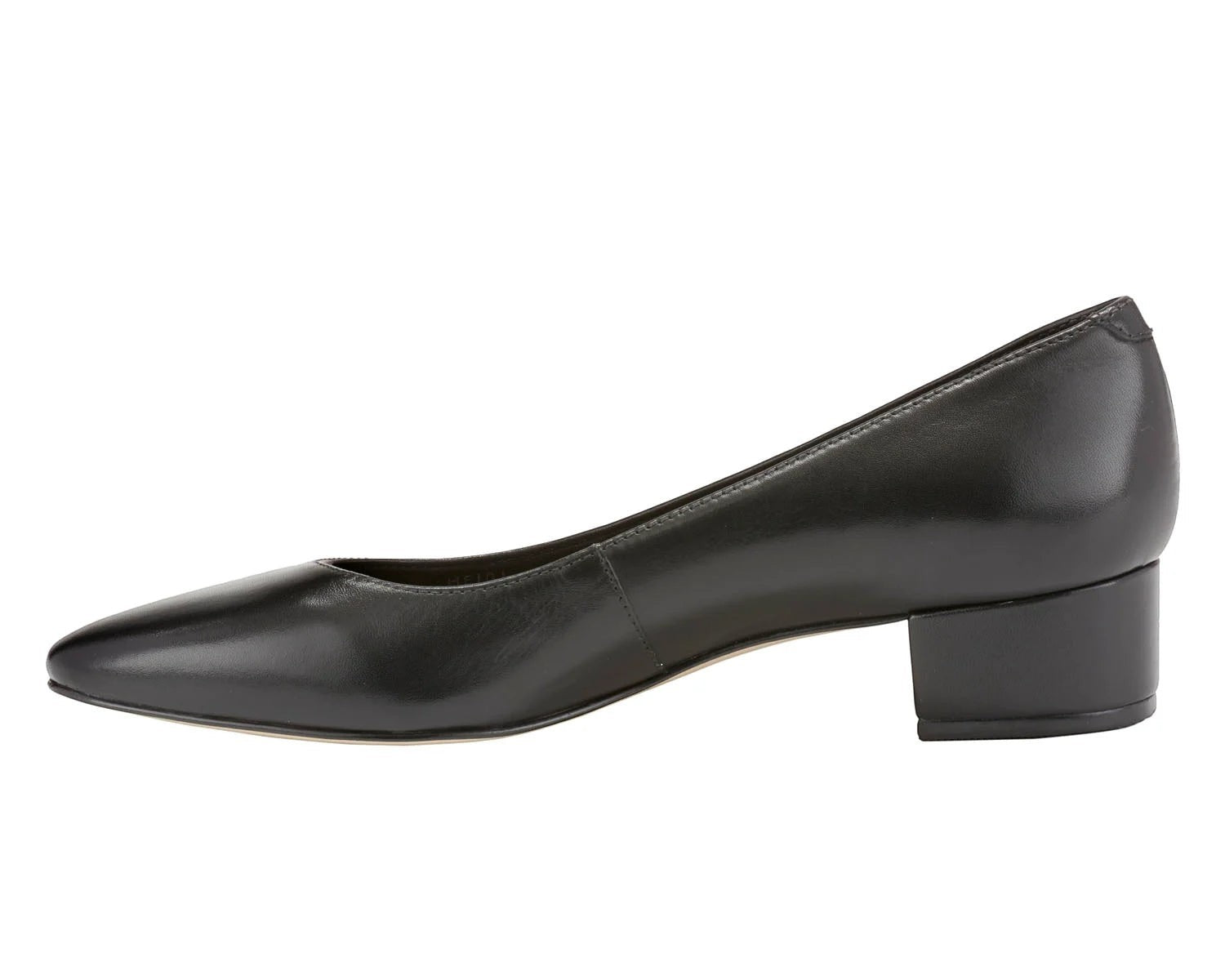 Ros Hommerson Heidi II black leather pump with an almond toe and comfortable crescent heel.
photo of the left side