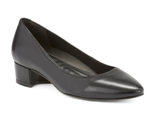 Ros Hommerson Heidi II black leather pump with an almond toe and comfortable crescent heel.
photo of the right side