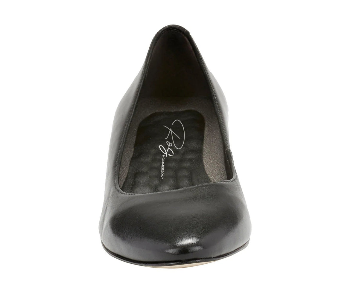 Ros Hommerson Heidi II black leather pump with an almond toe and comfortable crescent heel.
photo of the front side