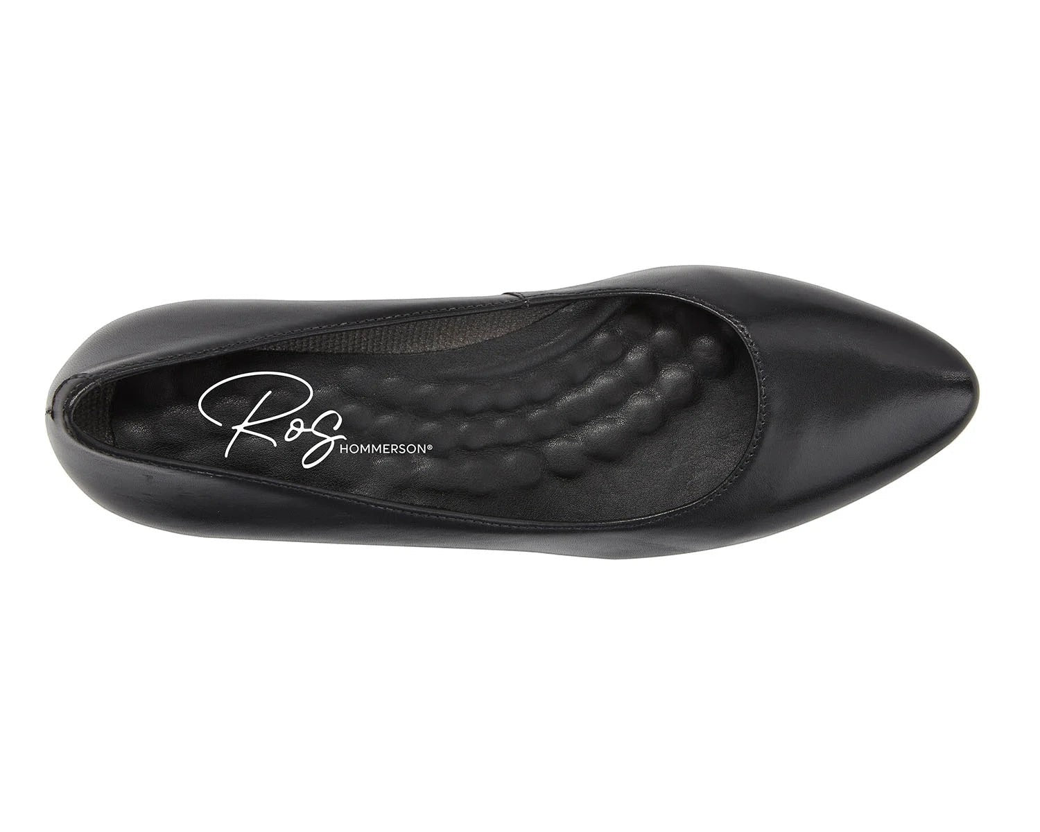 Ros Hommerson Heidi II black leather pump with an almond toe and comfortable crescent heel.
photo of the top side