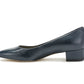 Ros Hommerson Heidi II navy leather pump with a comfortable crescent heel and almond toe.
photo of the left side