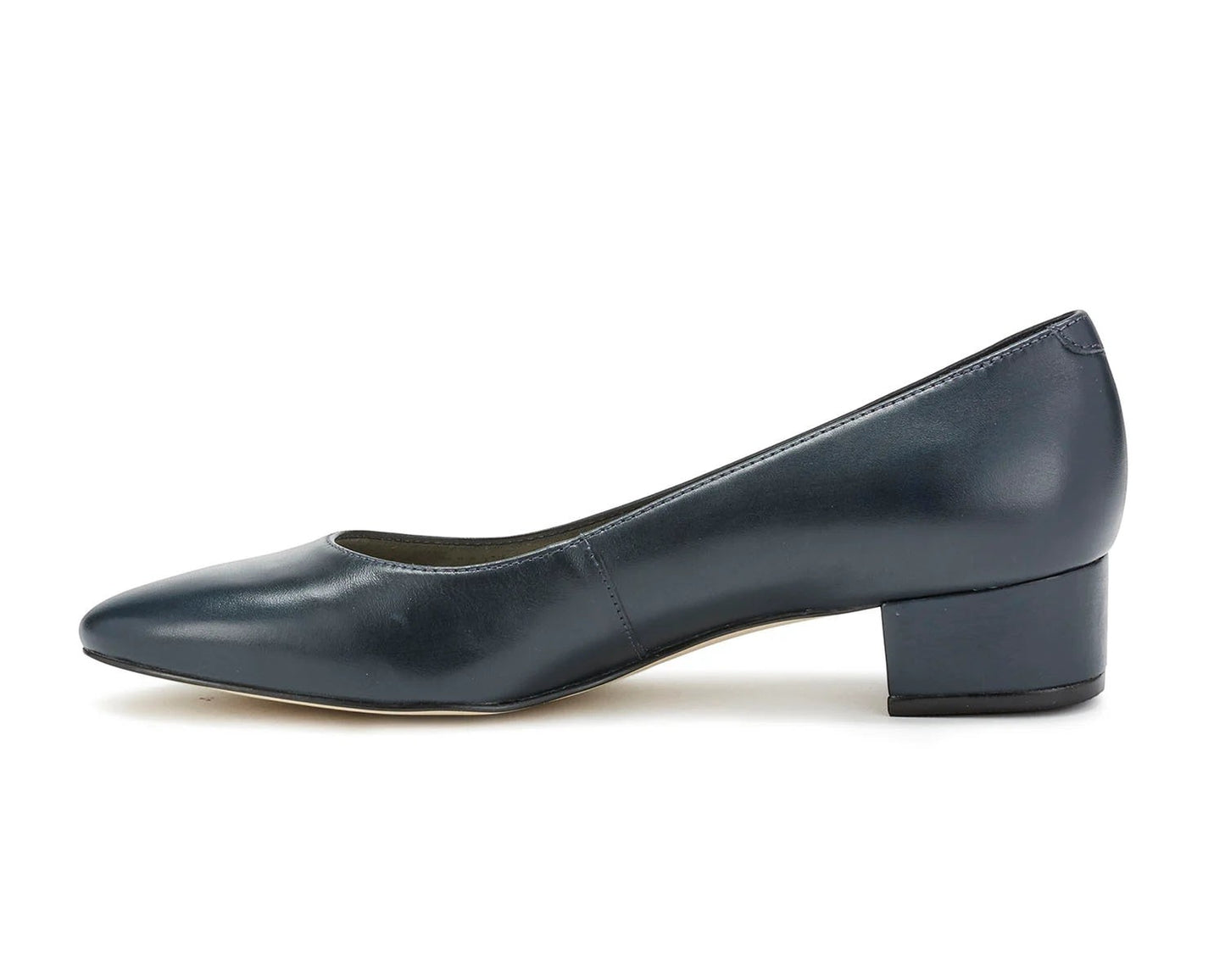 Ros Hommerson Heidi II navy leather pump with a comfortable crescent heel and almond toe.
photo of the left side