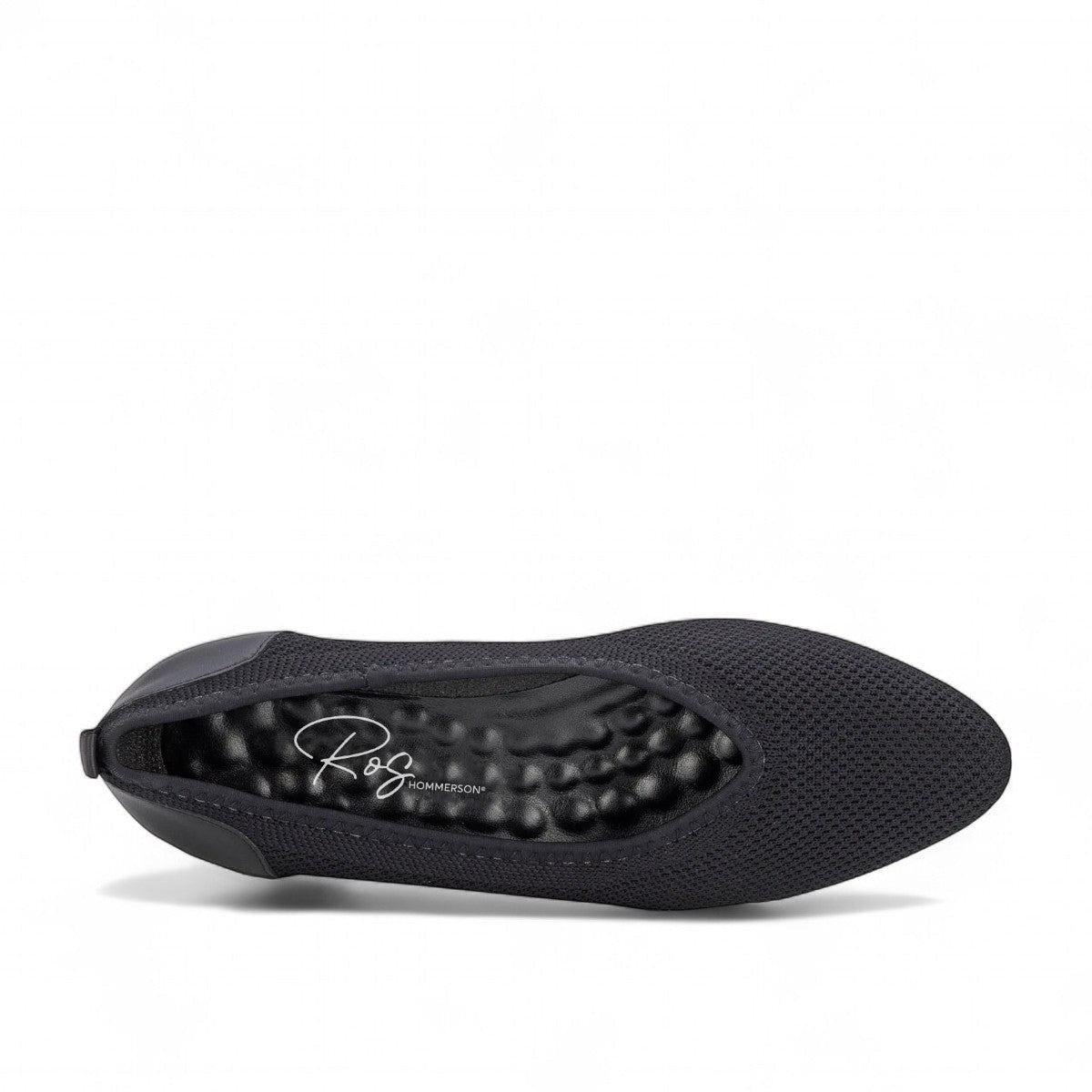 Ros Hommerson Hester black knit and leather pump with almond toe and comfortable low block heel.
photo of the top side