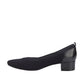 Ros Hommerson Hester black knit and leather pump with almond toe and comfortable low block heel.
photo of the left side