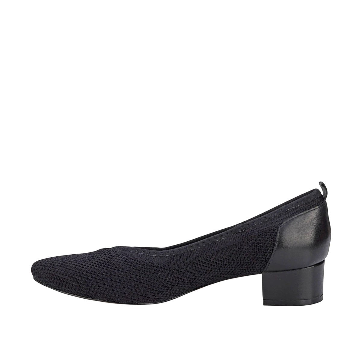 Ros Hommerson Hester black knit and leather pump with almond toe and comfortable low block heel.
photo of the left side