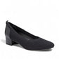 Ros Hommerson Hester black knit and leather pump with almond toe and comfortable low block heel.
photo of the front side