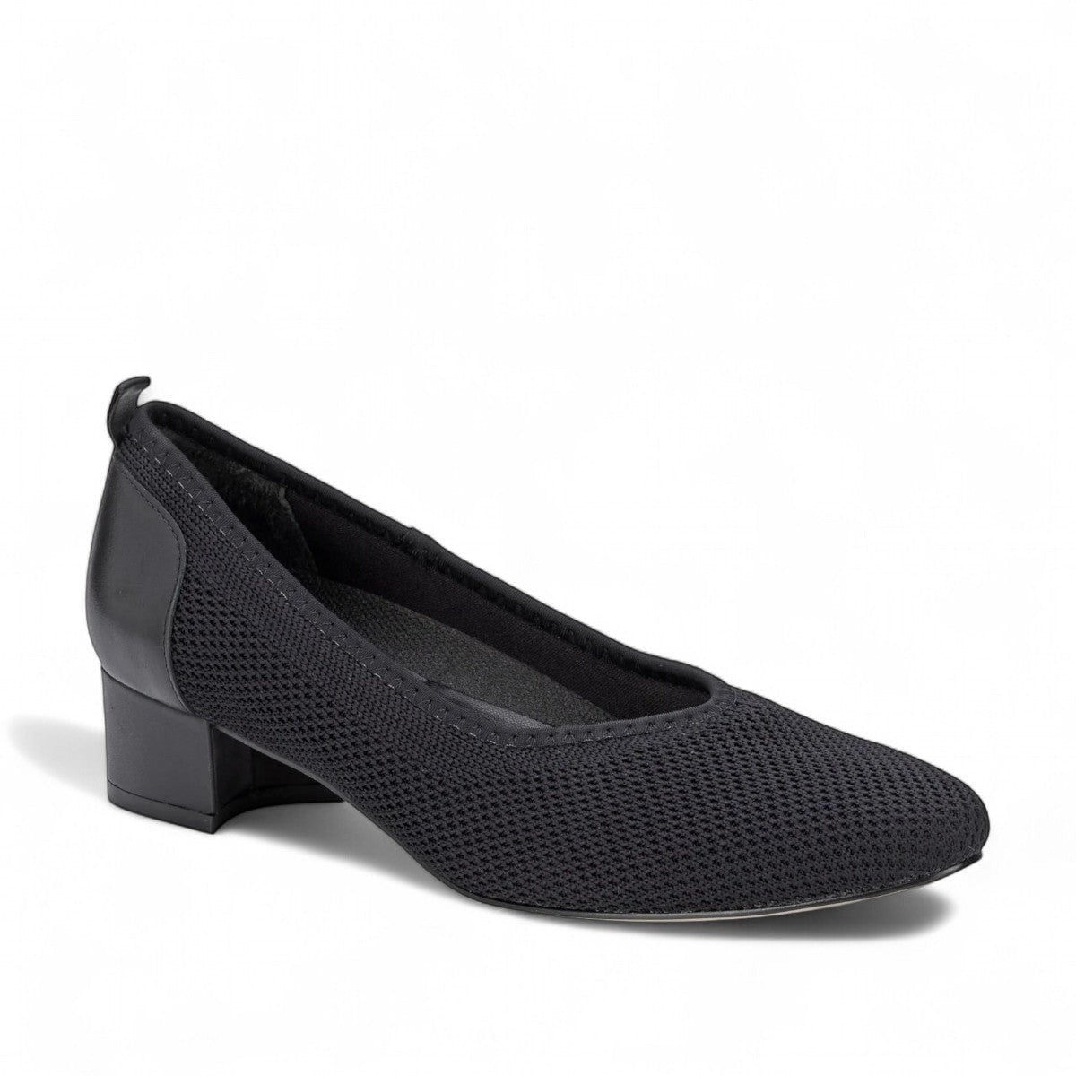 Ros Hommerson Hester black knit and leather pump with almond toe and comfortable low block heel.
photo of the front side