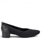 Ros Hommerson Hester black knit and leather pump with almond toe and comfortable low block heel.
photo of the right side