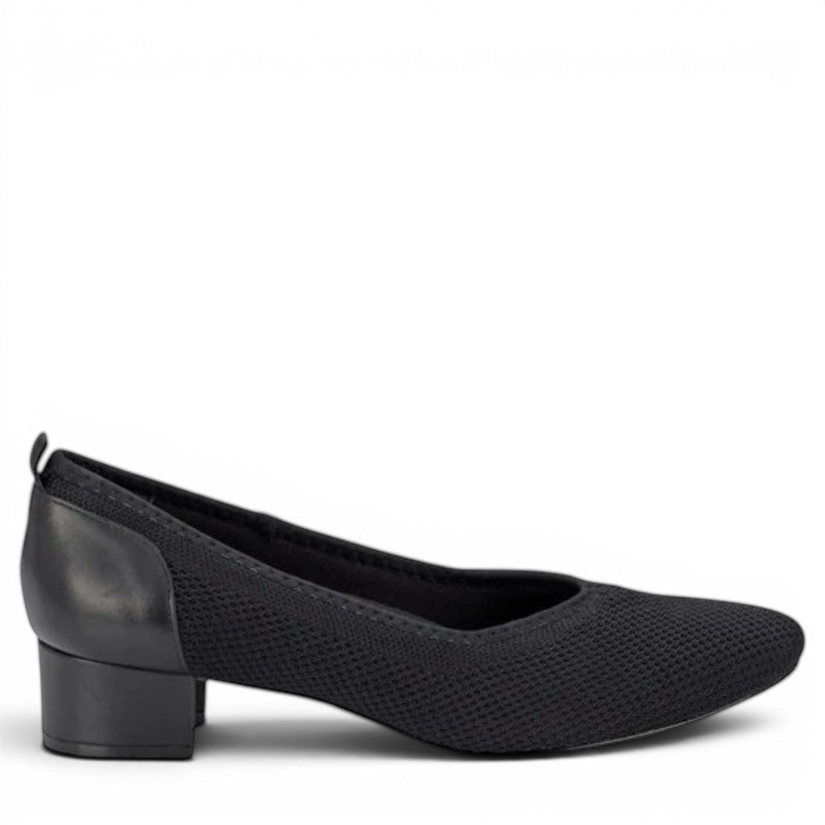 Ros Hommerson Hester black knit and leather pump with almond toe and comfortable low block heel.
photo of the right side
