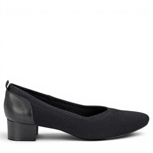 Ros Hommerson Hester black knit and leather pump with almond toe and comfortable low block heel.
photo of the right side
