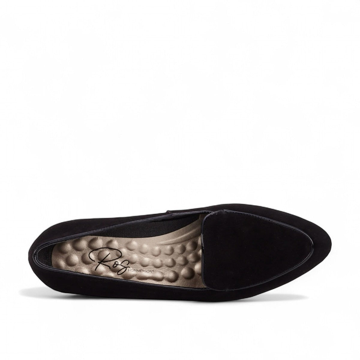 Ros Hommerson Honey black suede loafer with patent leather piping and a low crescent heel.
photo of the top side