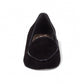 Ros Hommerson Honey black suede loafer with patent leather piping and a low crescent heel.
photo of the front side