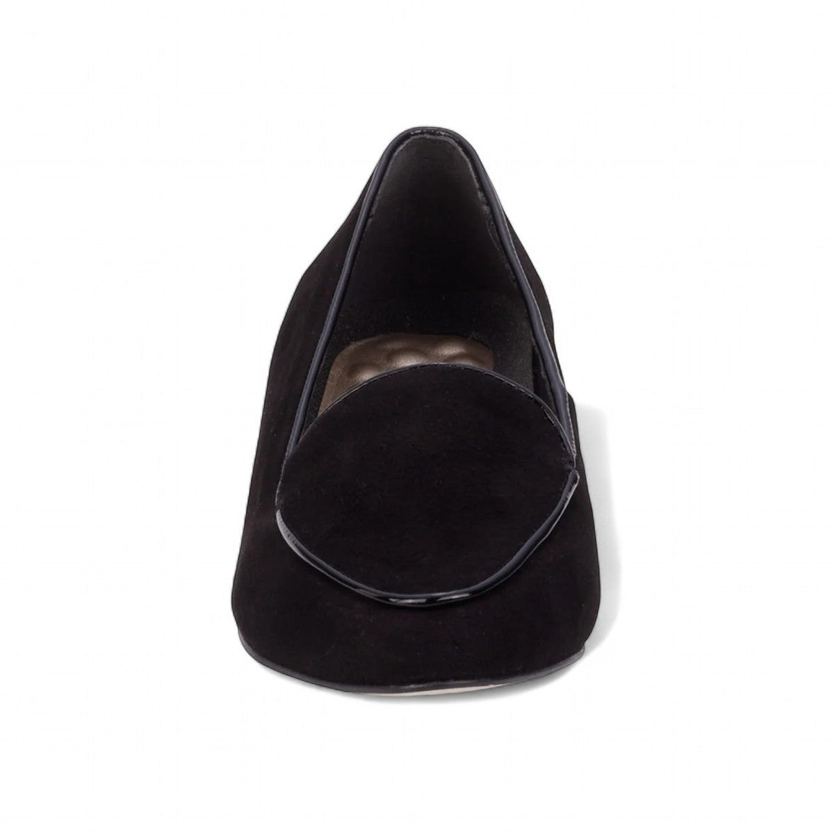 Ros Hommerson Honey black suede loafer with patent leather piping and a low crescent heel.
photo of the front side